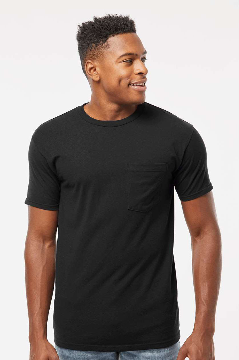 Tultex 293 Mens Jersey Short Sleeve Crewneck T-Shirt w/ Pocket Black Model Front