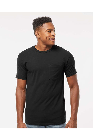 Tultex 293 Mens Jersey Short Sleeve Crewneck T-Shirt w/ Pocket Black Model Front