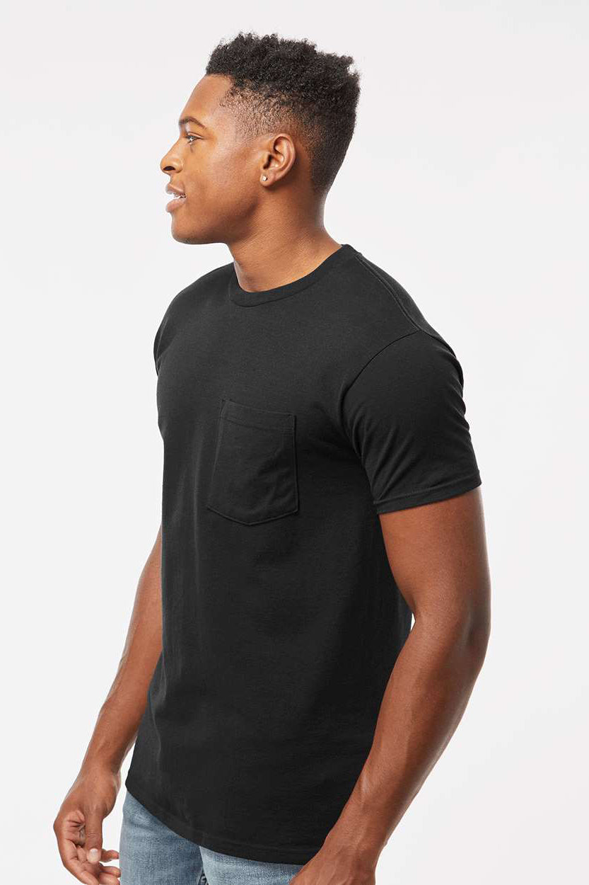 Tultex 293 Mens Jersey Short Sleeve Crewneck T-Shirt w/ Pocket Black Model Side