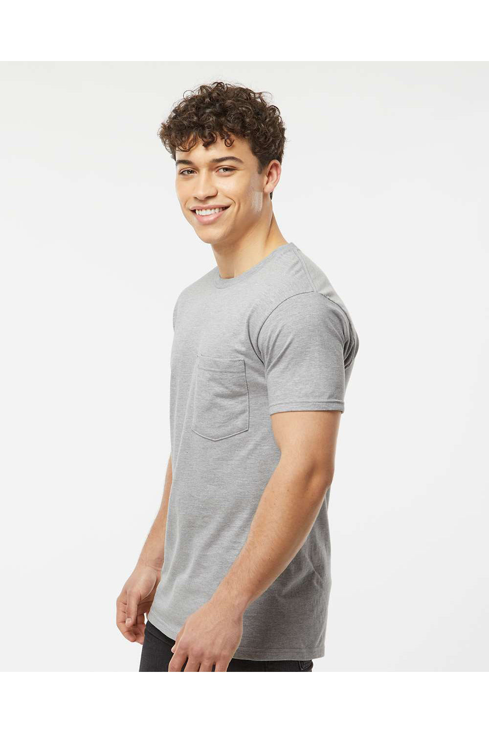 Tultex 293 Mens Jersey Short Sleeve Crewneck T-Shirt w/ Pocket Heather Grey Model Side
