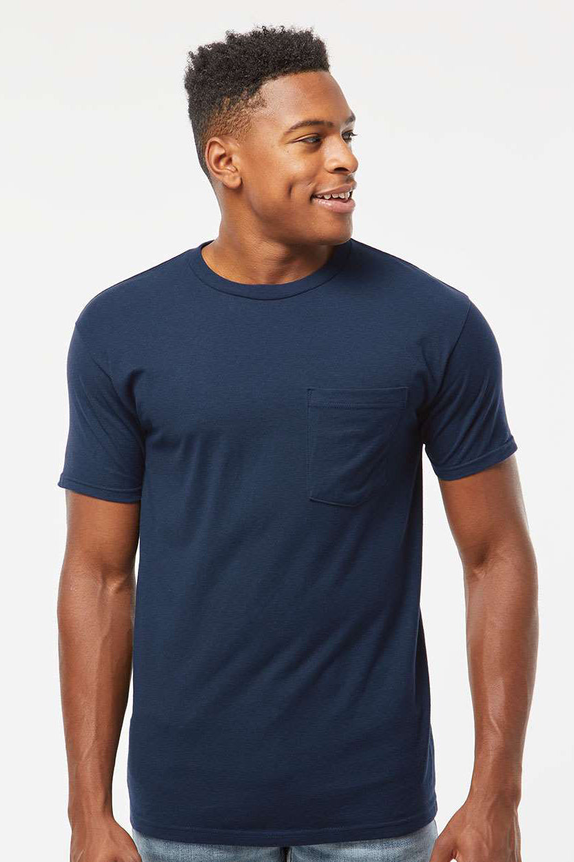 Tultex 293 Mens Jersey Short Sleeve Crewneck T-Shirt w/ Pocket Navy Blue Model Front