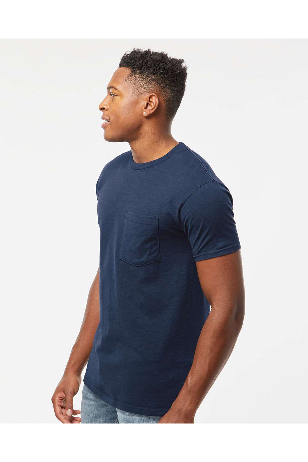 Tultex 293 Mens Jersey Short Sleeve Crewneck T-Shirt w/ Pocket Navy Blue Model Side