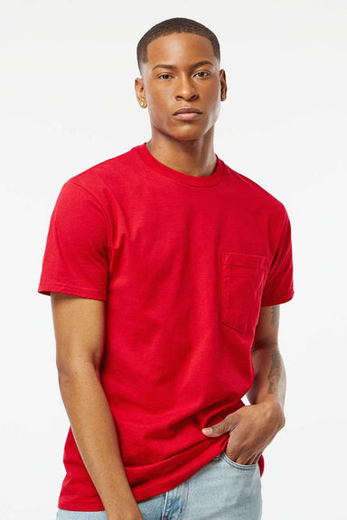 Tultex 293 Mens Jersey Short Sleeve Crewneck T-Shirt w/ Pocket Red Model Front