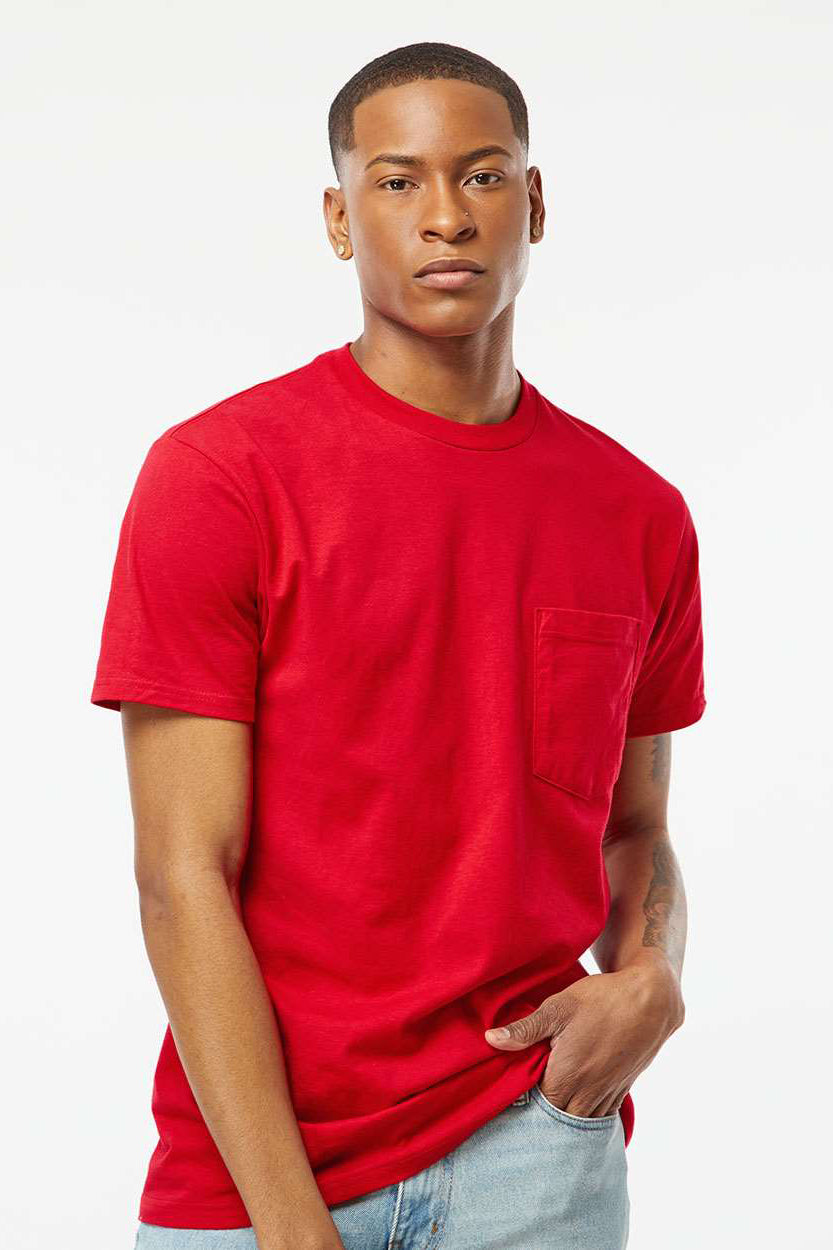 Tultex 293 Mens Jersey Short Sleeve Crewneck T-Shirt w/ Pocket Red Model Front