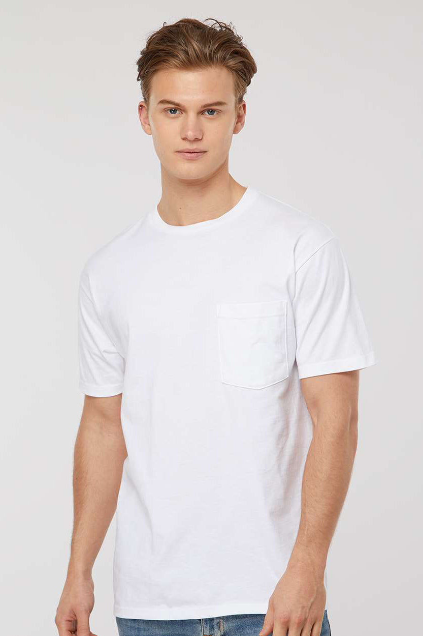 Tultex 293 Mens Jersey Short Sleeve Crewneck T-Shirt w/ Pocket White Model Front