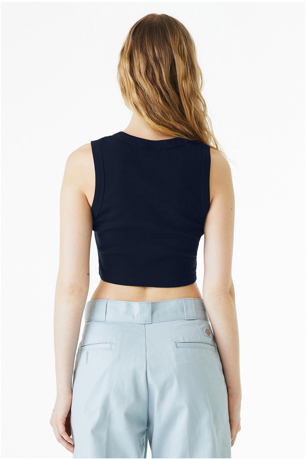 Bella + Canvas 1013BE Womens Micro Ribbed Muscle Crop Tank Top Navy Blue Model Back