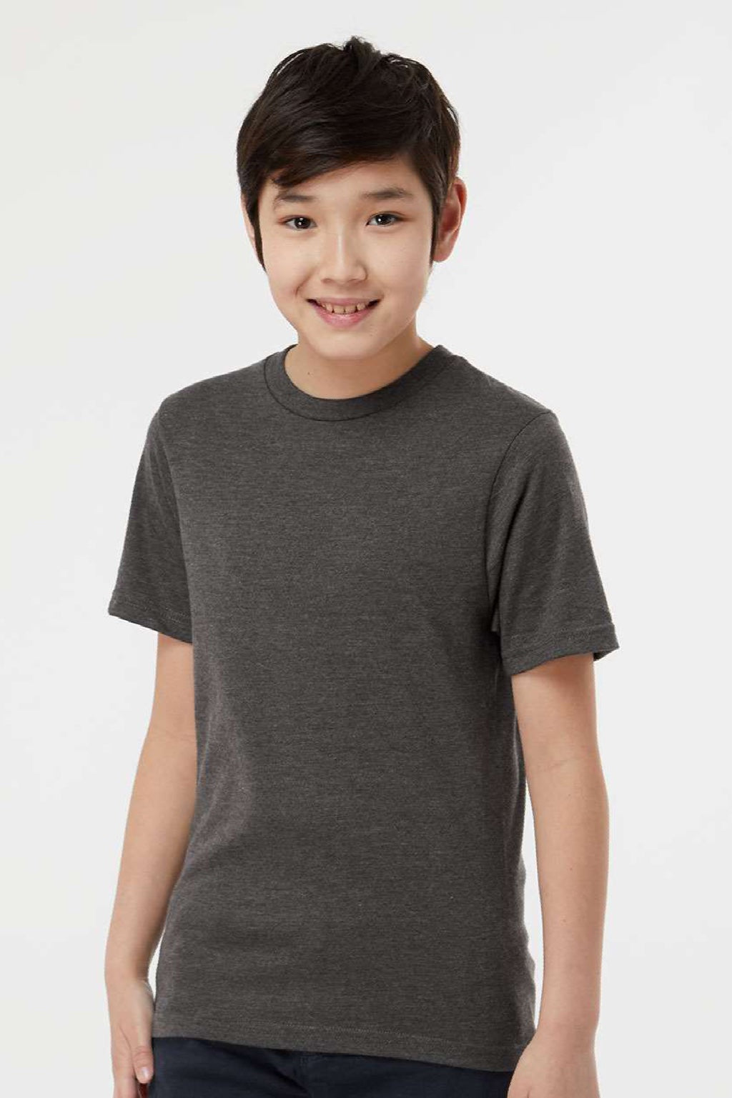 Tultex 295 Youth Jersey Short Sleeve Crewneck T-Shirt Heather Charcoal Grey Model Front