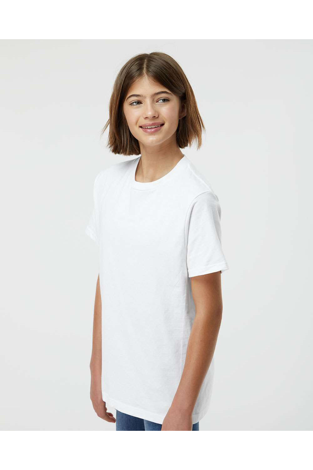 Tultex 295 Youth Jersey Short Sleeve Crewneck T-Shirt White Model Side