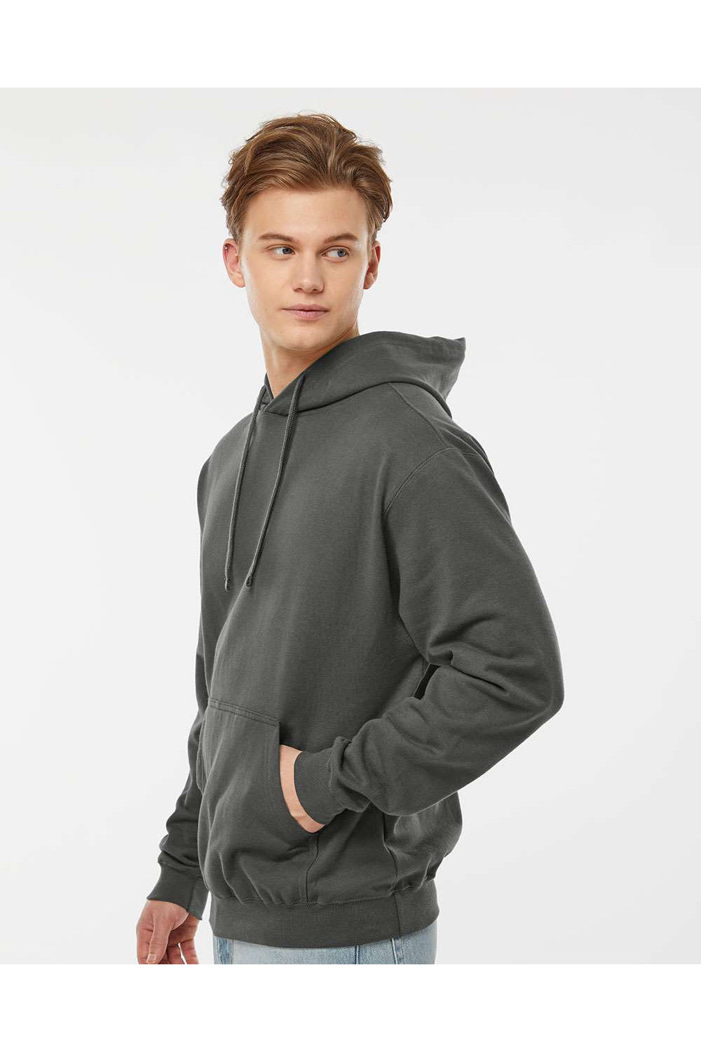 Tultex 320 Mens Fleece Hooded Sweatshirt Hoodie Charcoal Grey Model Side