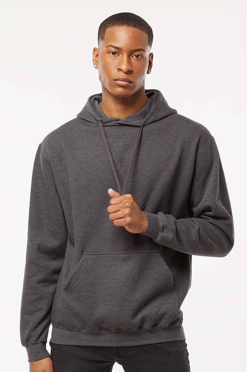 Tultex 320 Mens Fleece Hooded Sweatshirt Hoodie w/ Pouch Pocket Heather Charcoal Grey Model Front