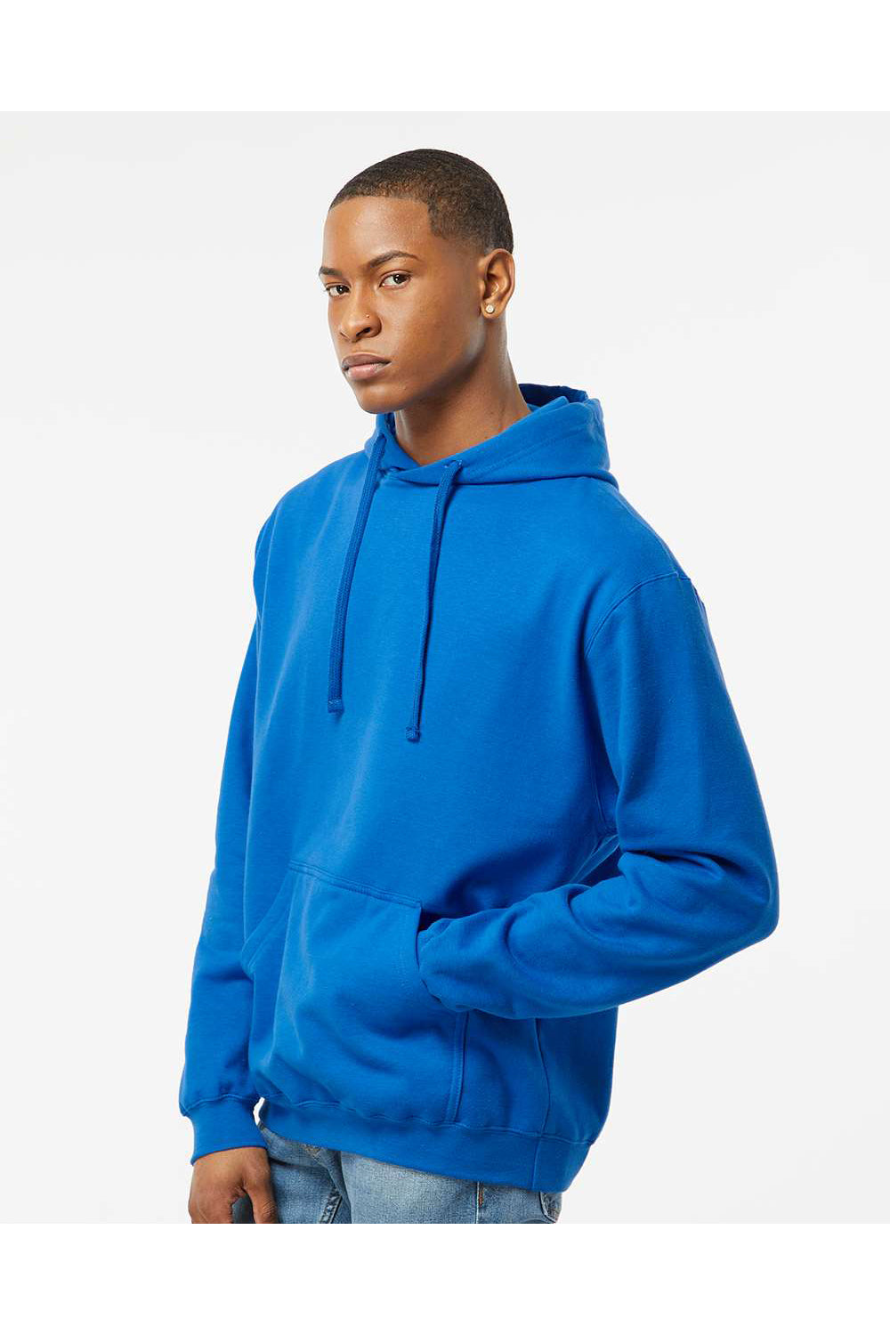 Tultex 320 Mens Fleece Hooded Sweatshirt Hoodie Royal Blue Model Side