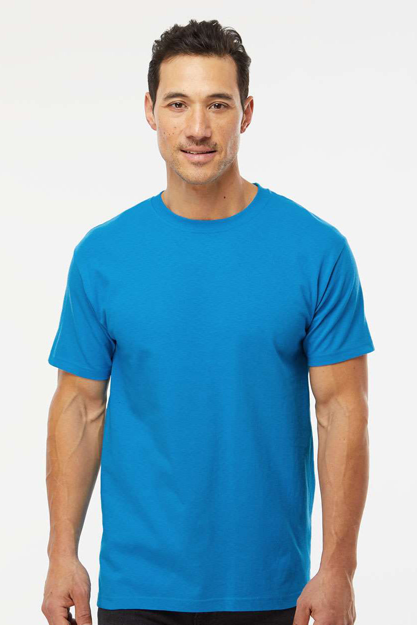 M&O 4800 Mens Gold Soft Touch Short Sleeve Crewneck T-Shirt Turquoise Blue Model Front