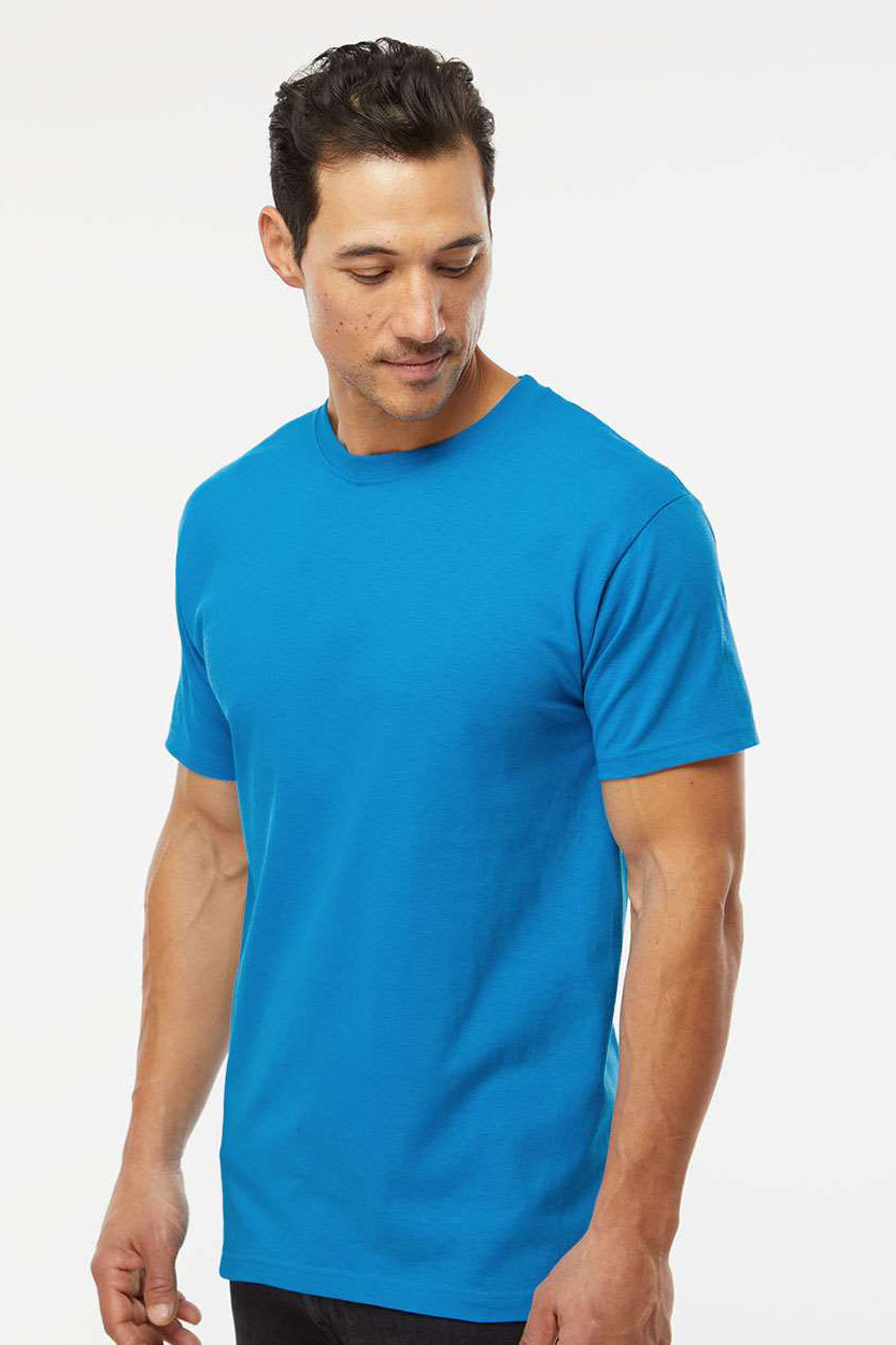 M&O 4800 Mens Gold Soft Touch Short Sleeve Crewneck T-Shirt Turquoise Blue Model Side