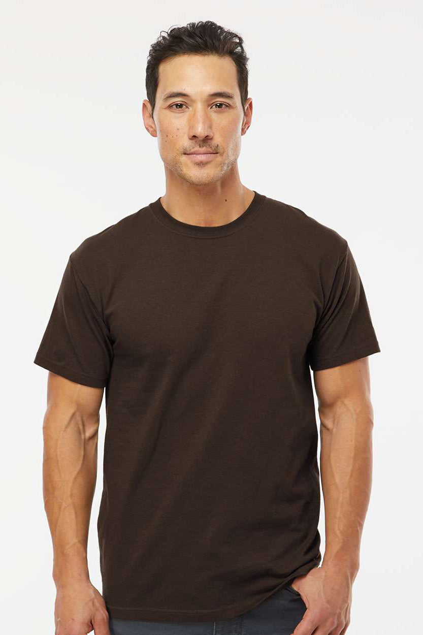 M&O 4800 Mens Gold Soft Touch Short Sleeve Crewneck T-Shirt Chocolate Brown Model Front
