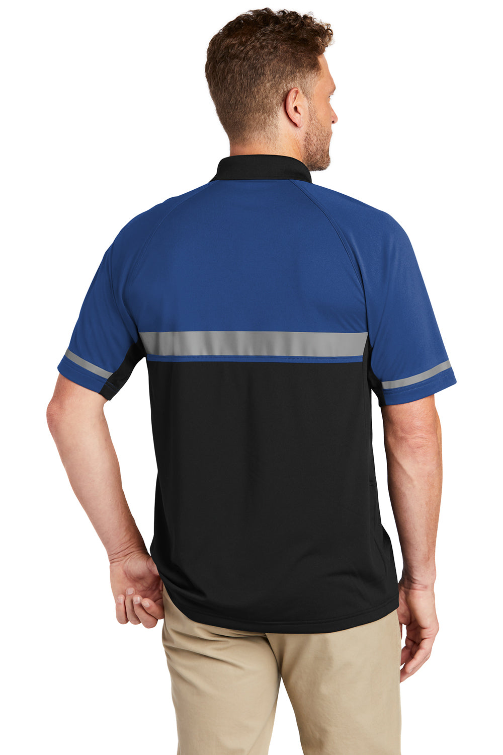 CornerStone CS423 Mens Enhanced Visibility Moisture Wicking Short Sleeve Polo Shirt Royal Blue/Black Model Back