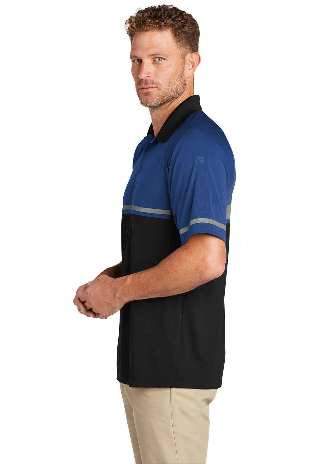 CornerStone CS423 Mens Enhanced Visibility Moisture Wicking Short Sleeve Polo Shirt Royal Blue/Black Model Side