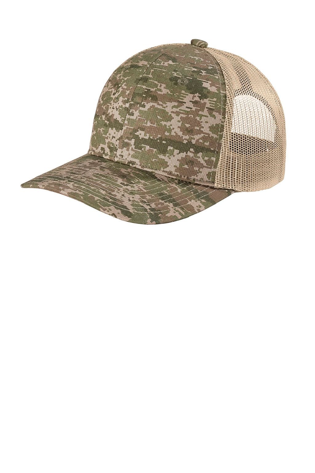 Port Authority Hats C404 Mens Digi Camo Snapback Trucker Hat Olive Drab Green Digital Camo/Coyote Brown Flat Front