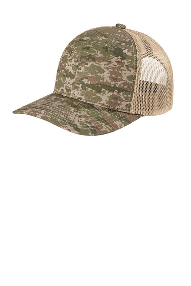 Port Authority Hats C404 Mens Digi Camo Snapback Trucker Hat Olive Drab Green Digital Camo/Coyote Brown Flat Front