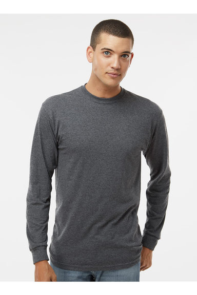 M&O 4820 Mens Gold Soft Touch Long Sleeve Crewneck T-Shirt Heather Dark Grey Model Front