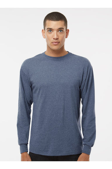 M&O 4820 Mens Gold Soft Touch Long Sleeve Crewneck T-Shirt Heather Navy Blue Model Front