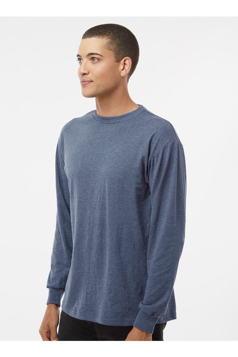 M&O 4820 Mens Gold Soft Touch Long Sleeve Crewneck T-Shirt Heather Navy Blue Model Side