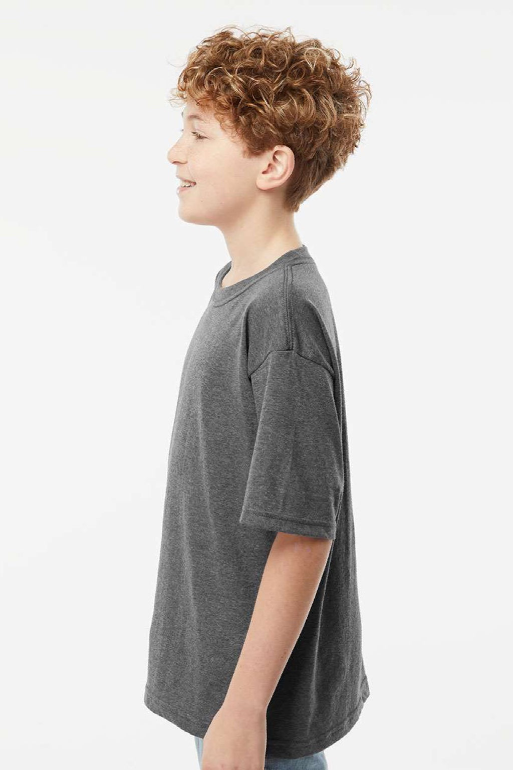 M&O 4850 Youth Gold Soft Touch Short Sleeve Crewneck T-Shirt Heather Dark Grey Model Side