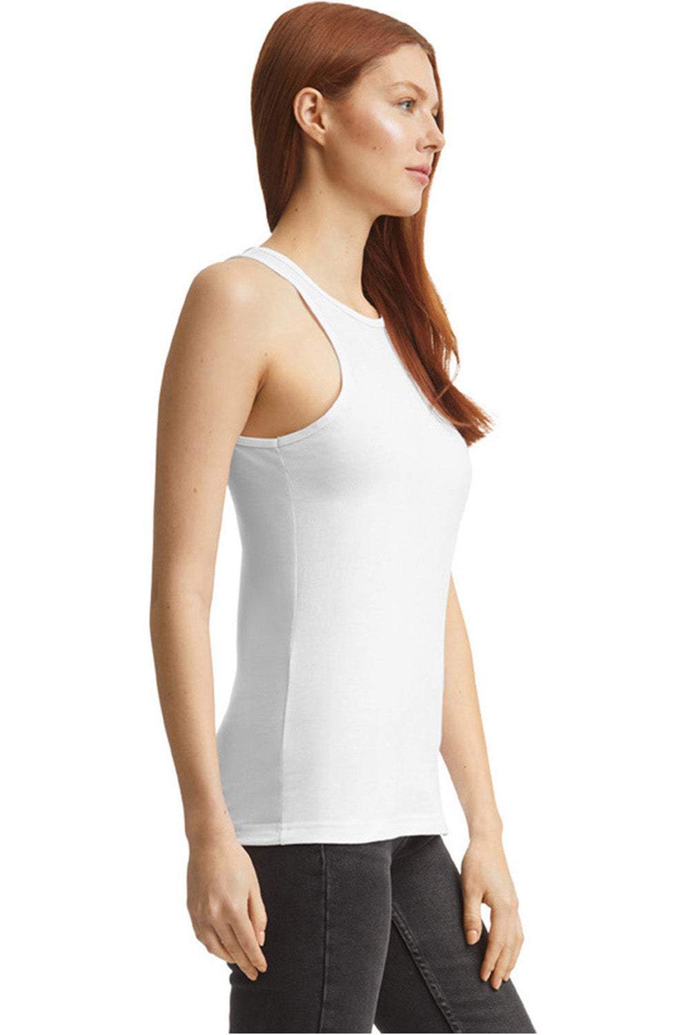American Apparel 101CVC Womens CVC Racerneck Tank Top White Model Side
