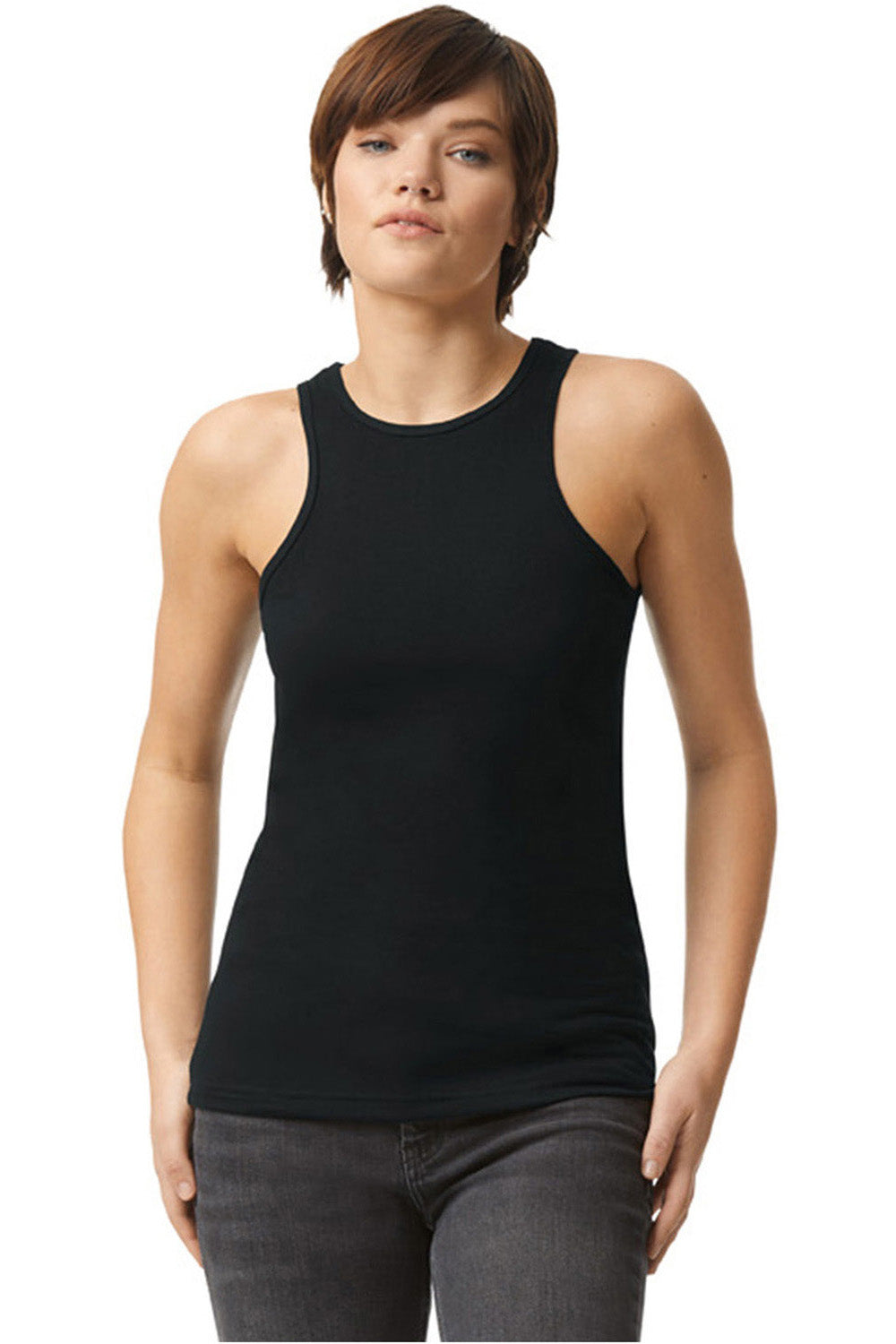 American Apparel 101CVC Womens CVC Racerneck Tank Top Black Model Front