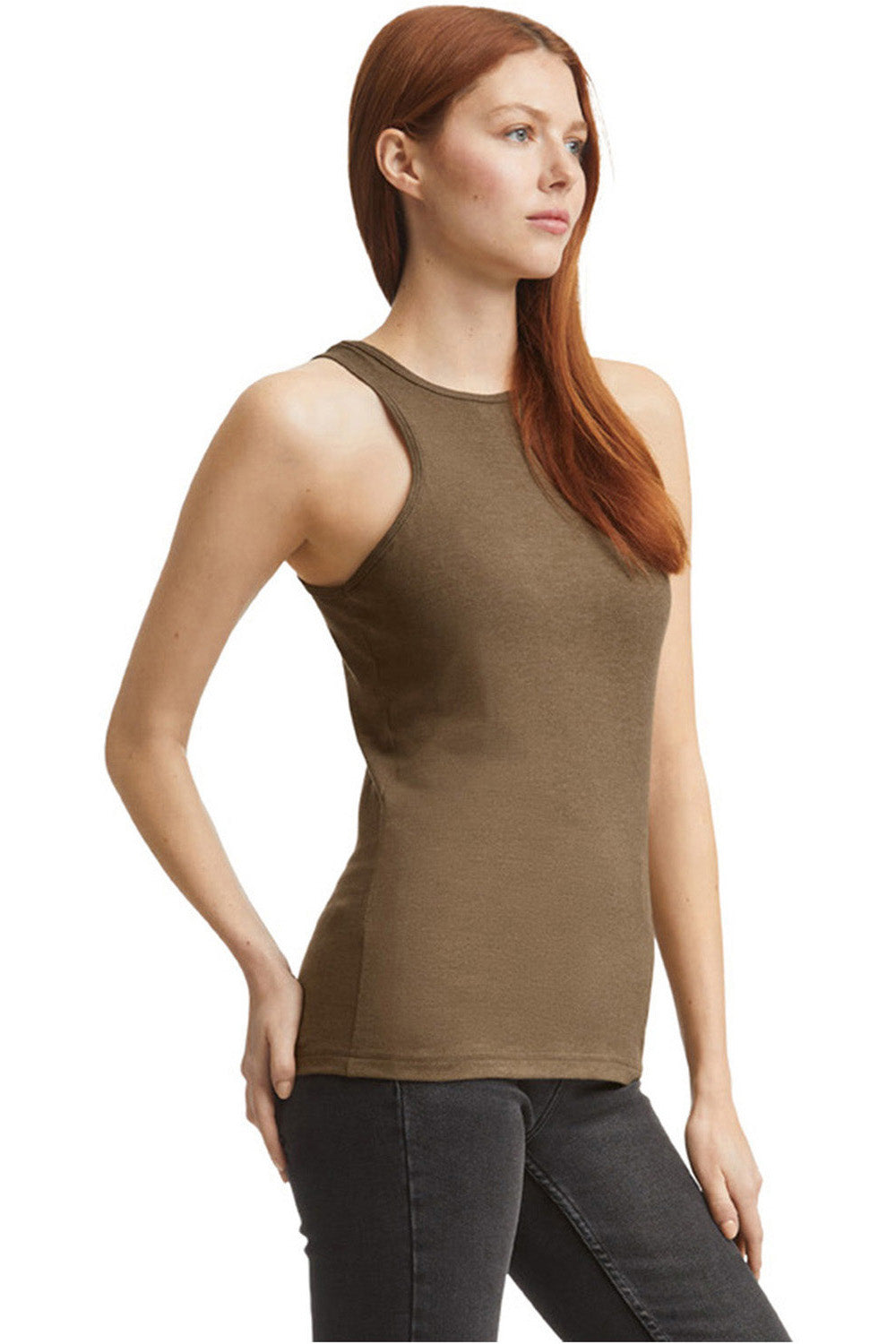 American Apparel 101CVC Womens CVC Racerneck Tank Top Heather Army Brown Model Side