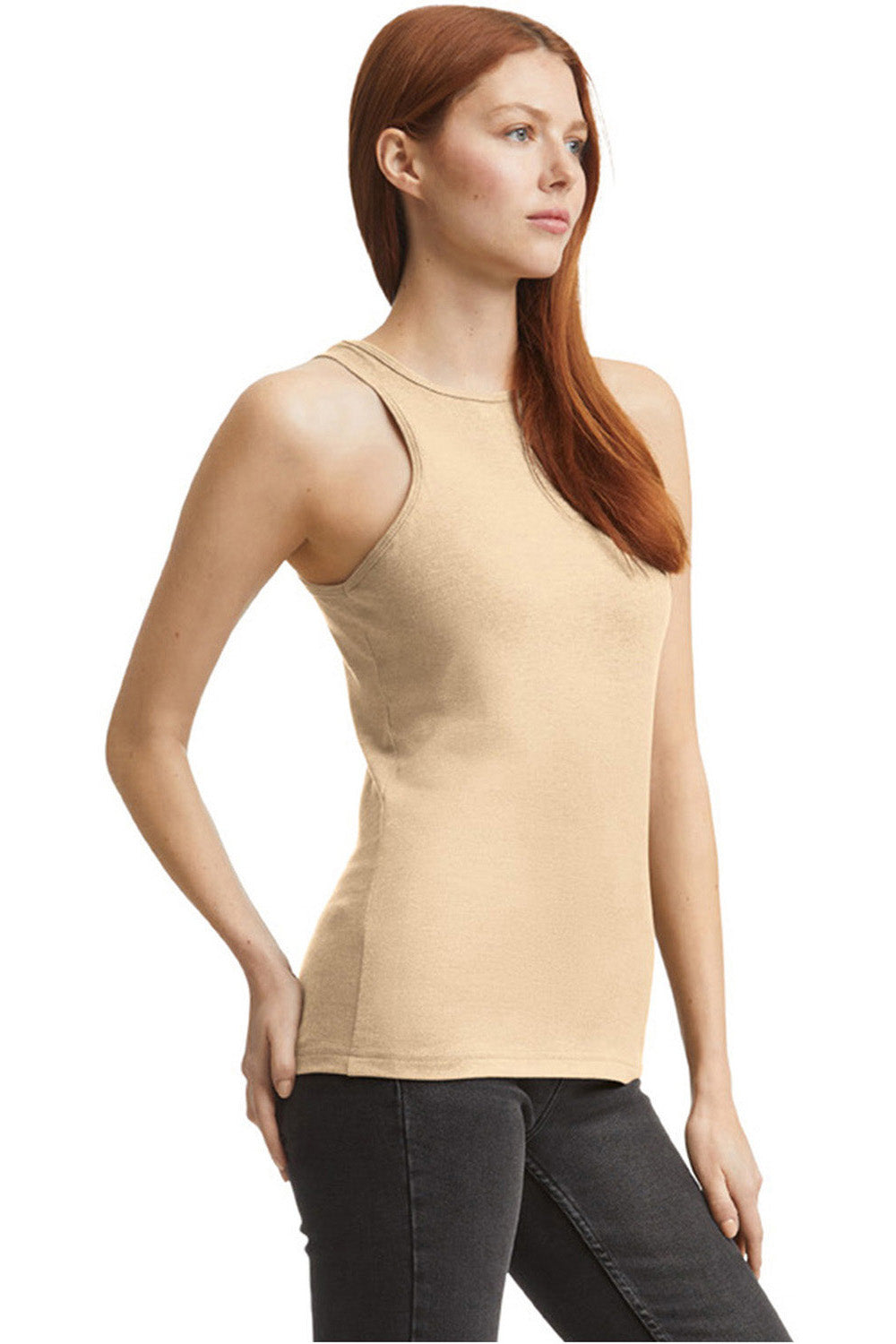 American Apparel 101CVC Womens CVC Racerneck Tank Top Heather Bone Model Side