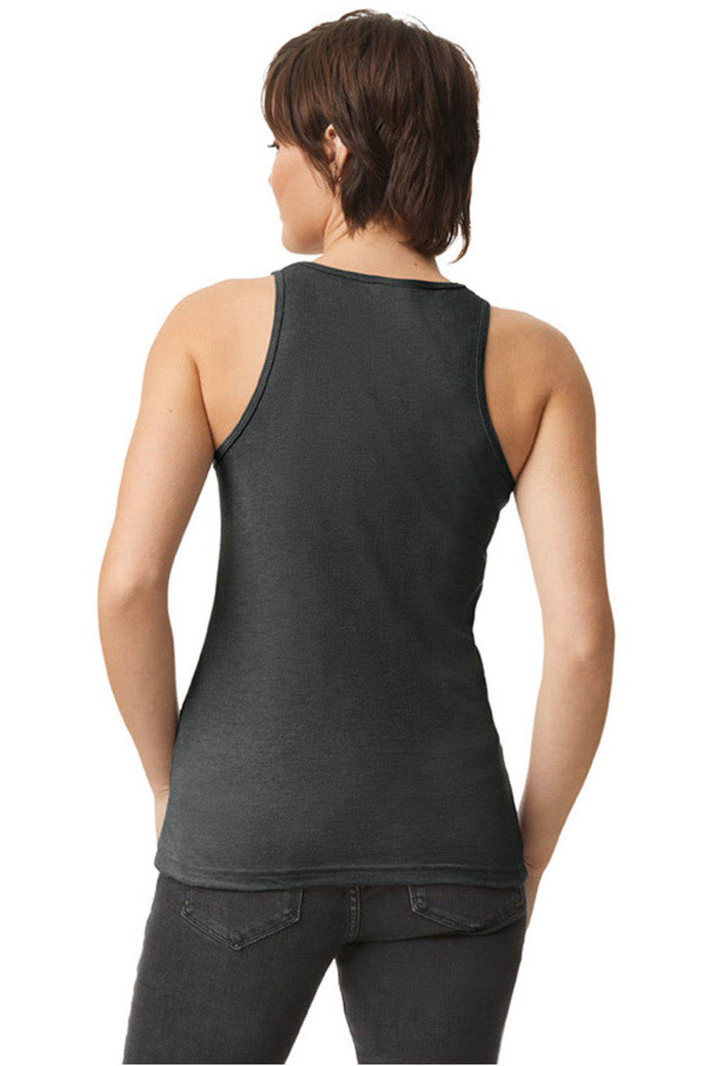 American Apparel 101CVC Womens CVC Racerneck Tank Top Heather Charcoal Grey Model Back