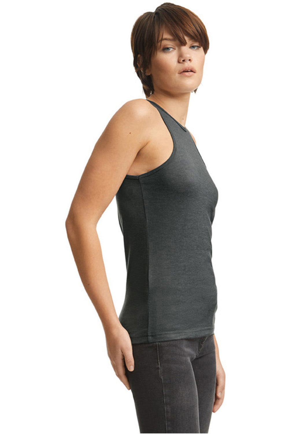 American Apparel 101CVC Womens CVC Racerneck Tank Top Heather Charcoal Grey Model Side