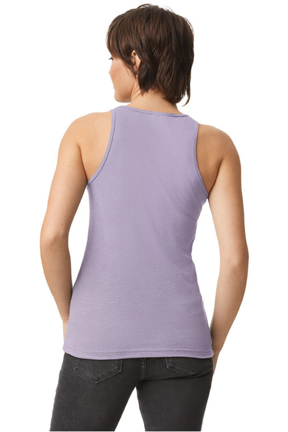 American Apparel 101CVC Womens CVC Racerneck Tank Top Heather Lilac Purple Model Back