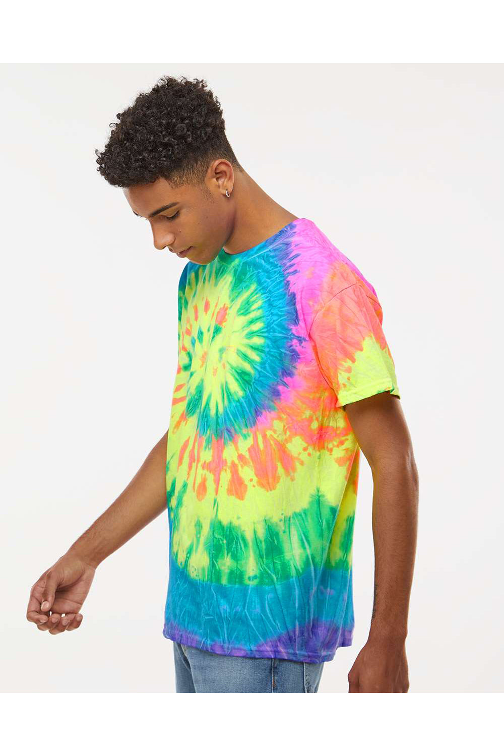 Colortone 1000 Mens Short Sleeve Crewneck T-Shirt Neon Rainbow Model Side