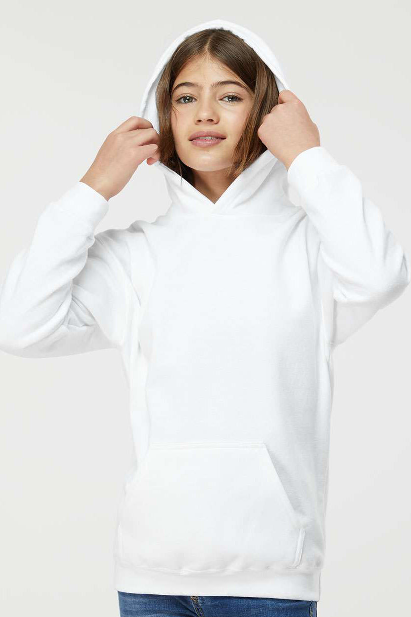Tultex 320Y Youth Hooded Sweatshirt Hoodie w/ Pouch Pocket White Model Front