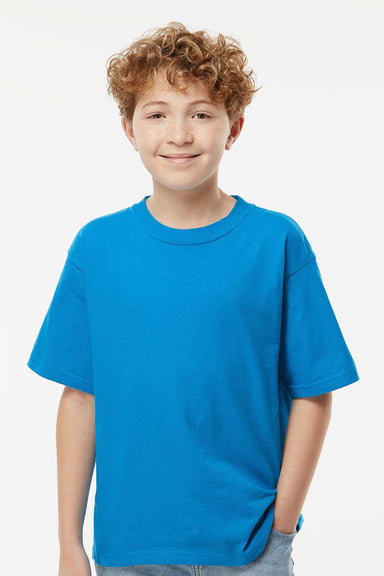 M&O 4850 Youth Gold Soft Touch Short Sleeve Crewneck T-Shirt Turquoise Blue Model Front