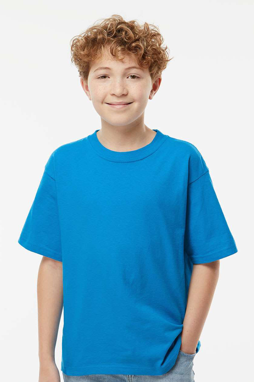 M&O 4850 Youth Gold Soft Touch Short Sleeve Crewneck T-Shirt Turquoise Blue Model Front