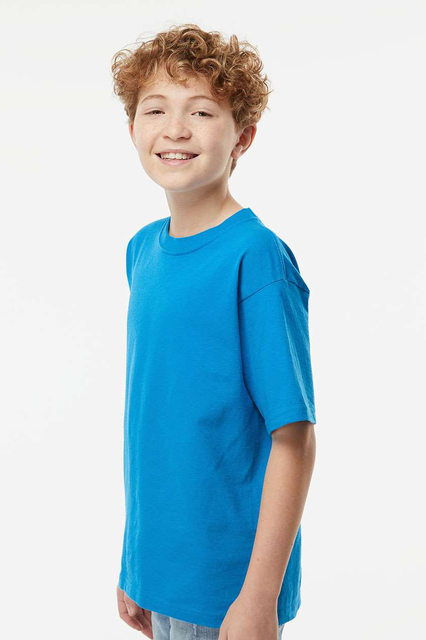 M&O 4850 Youth Gold Soft Touch Short Sleeve Crewneck T-Shirt Turquoise Blue Model Side