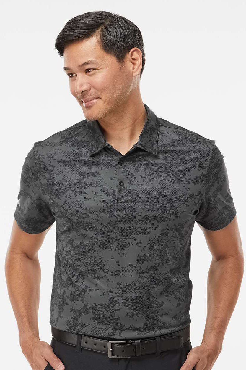 Adidas A550 Mens Camo Moisture Wicking Short Sleeve Polo Shirt Dark Grey Model Front