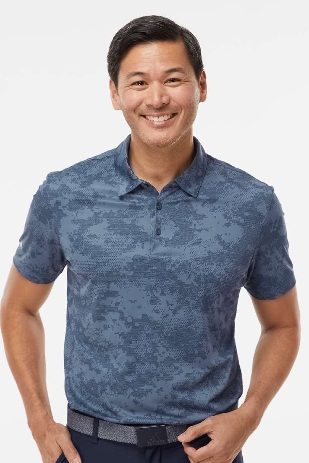 Adidas A550 Mens Camo Moisture Wicking Short Sleeve Polo Shirt Tech Ink Blue Model Front