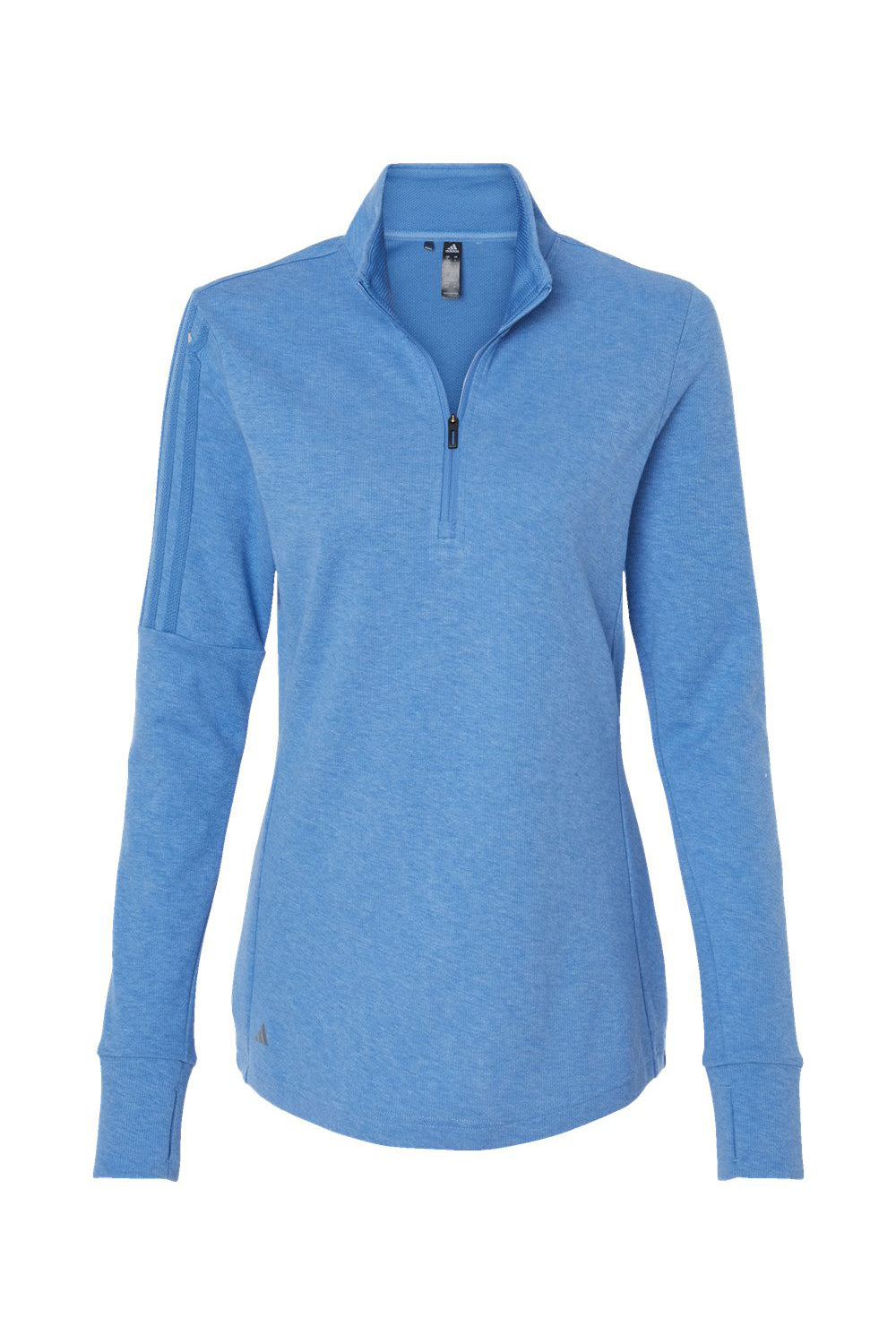 Adidas A555 Womens 3 Stripes Moisture Wicking 1/4 Zip Sweater Focus Blue Melange Flat Front