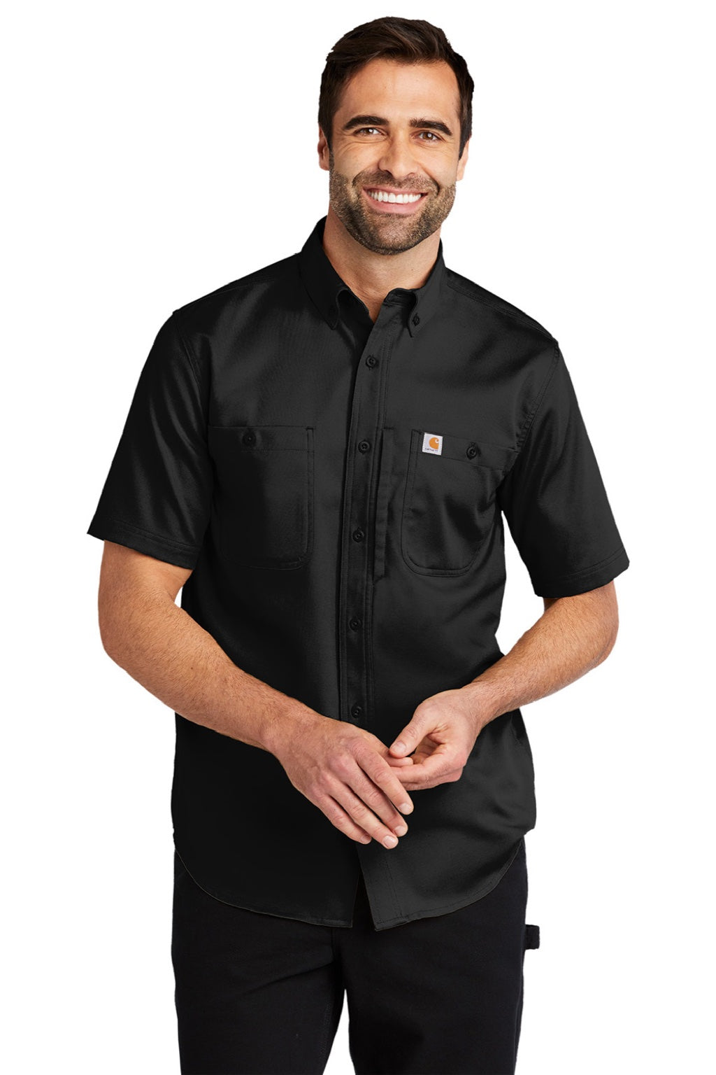 Carhartt CT102537/CT106688 Mens Rugged Professional Series Wrinkle Resistant Short Sleeve Button Down Shirt w/ Pocket Black Model Front