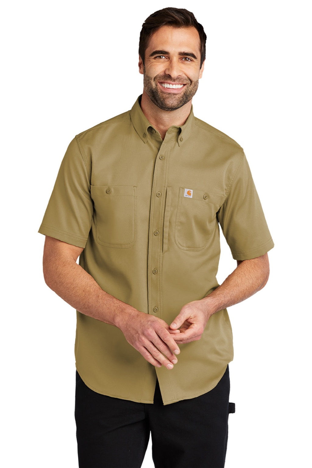 Carhartt CT102537/CT106688 Mens Rugged Professional Series Wrinkle Resistant Short Sleeve Button Down Shirt w/ Pocket Dark Khaki Brown Model Front