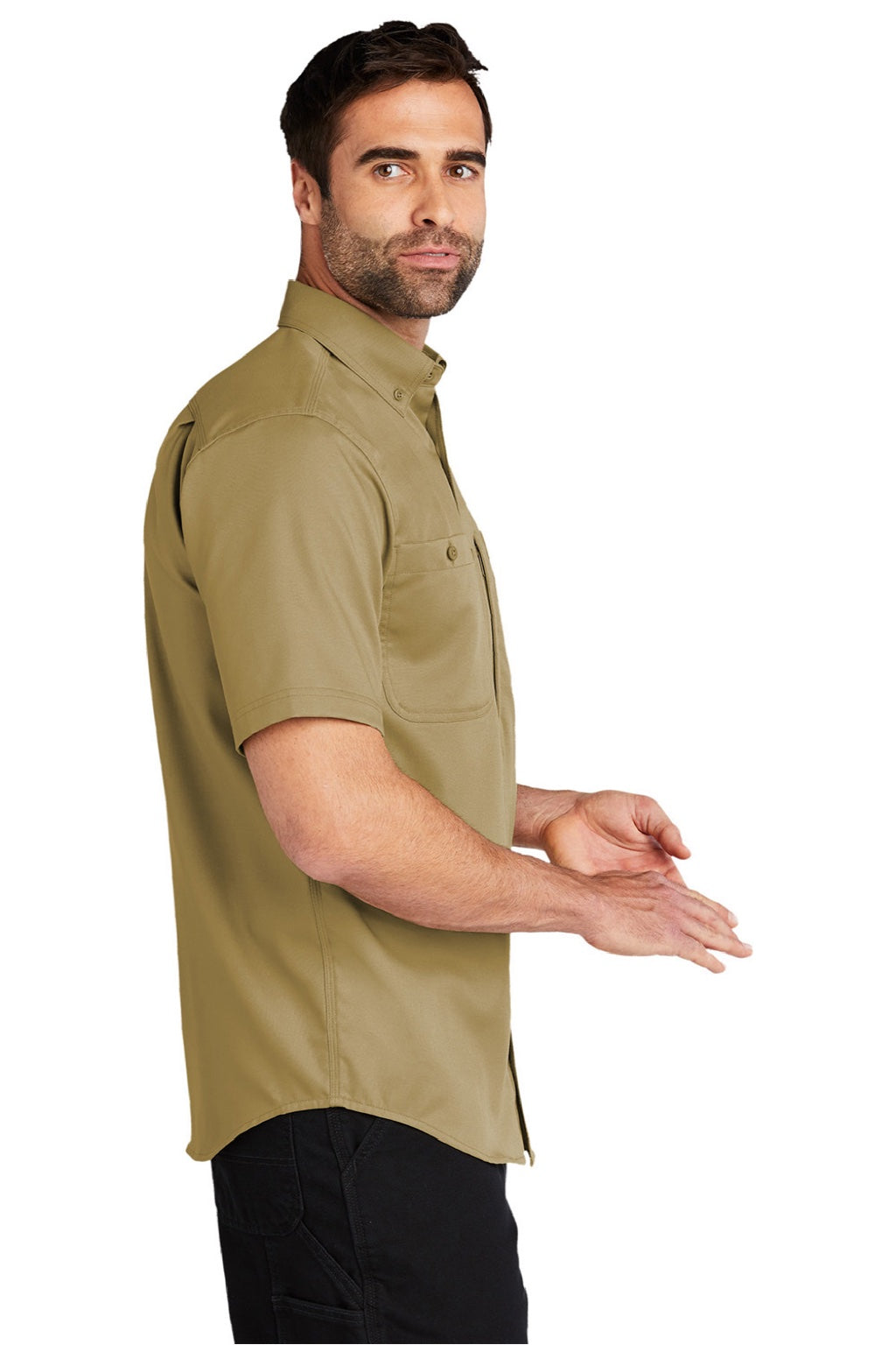 Carhartt CT102537/CT106688 Mens Rugged Professional Series Wrinkle Resistant Short Sleeve Button Down Shirt w/ Pocket Dark Khaki Brown Model Side