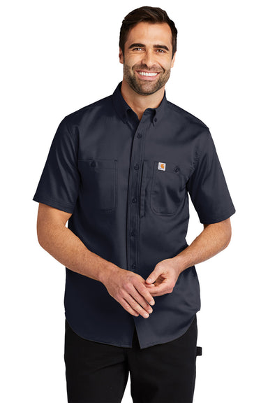 Carhartt CT102537 Mens Rugged Professional Series Wrinkle Resistant Short Sleeve Button Down Shirt w/ Pocket Navy Blue Model Front