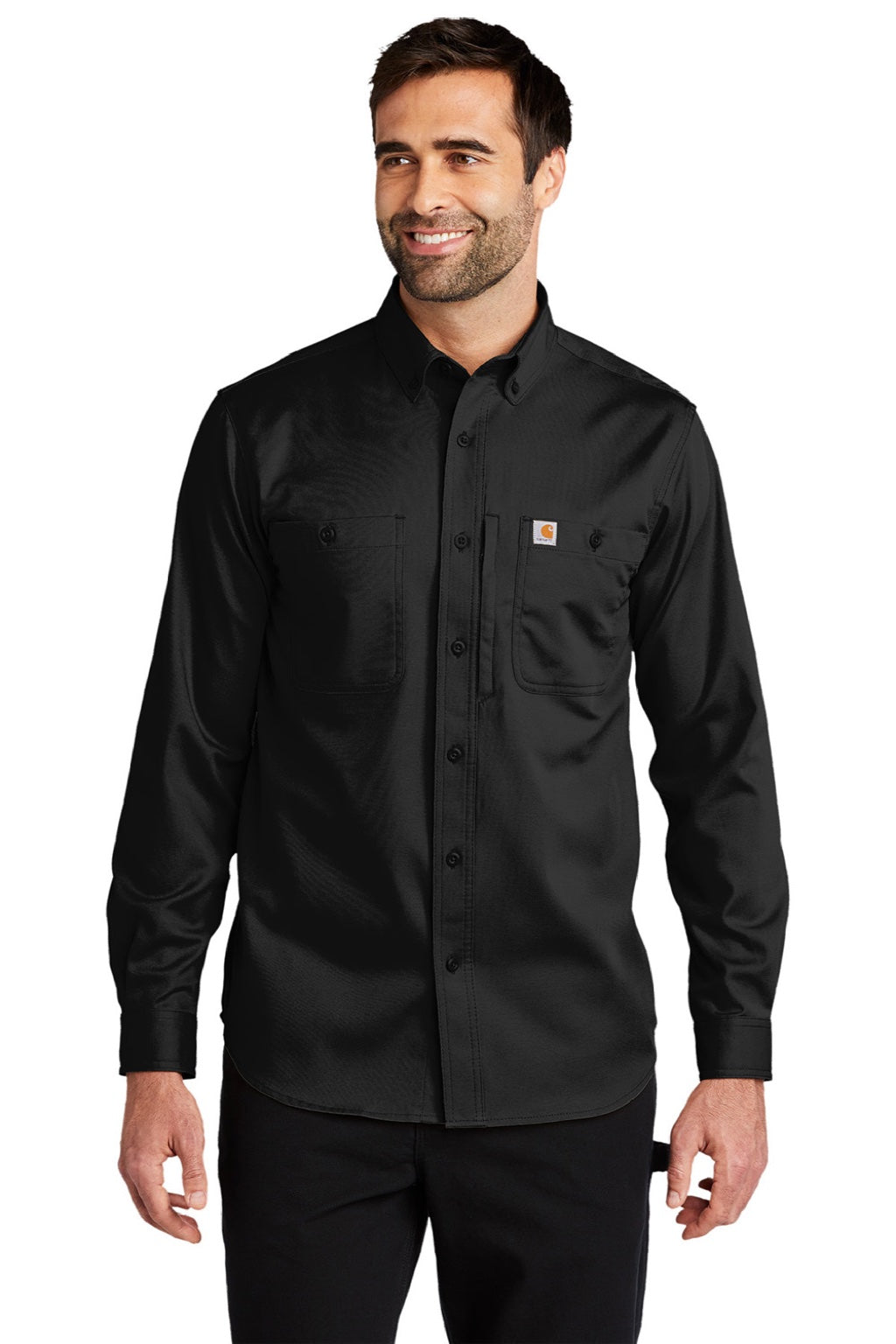 Carhartt CT102538/CT106689 Mens Rugged Professional Series Wrinkle Resistant Long Sleeve Button Down Shirt w/ Pocket Black Model Front
