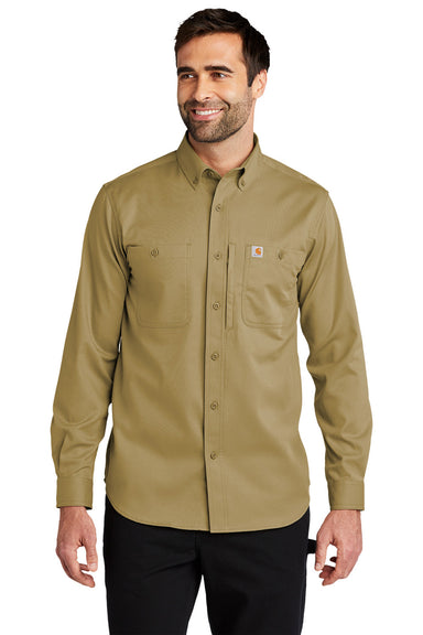 Carhartt CT102538 Mens Rugged Professional Series Wrinkle Resistant Long Sleeve Button Down Shirt w/ Pocket Dark Khaki Brown Model Front