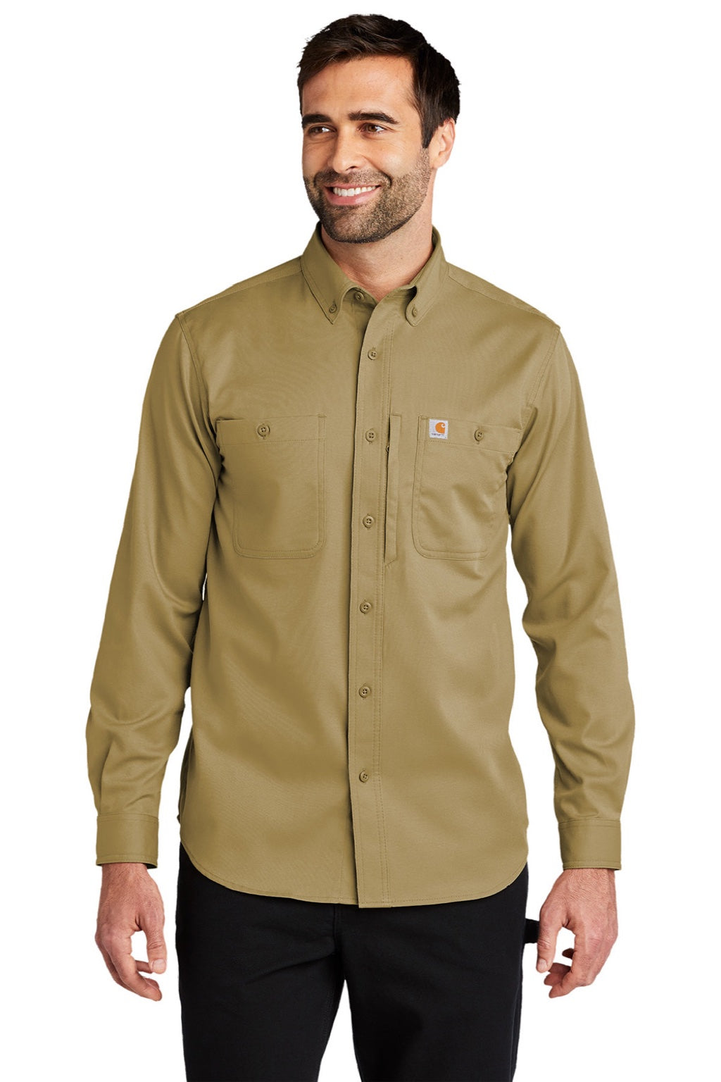 Carhartt CT102538/CT106689 Mens Rugged Professional Series Wrinkle Resistant Long Sleeve Button Down Shirt w/ Pocket Dark Khaki Brown Model Front