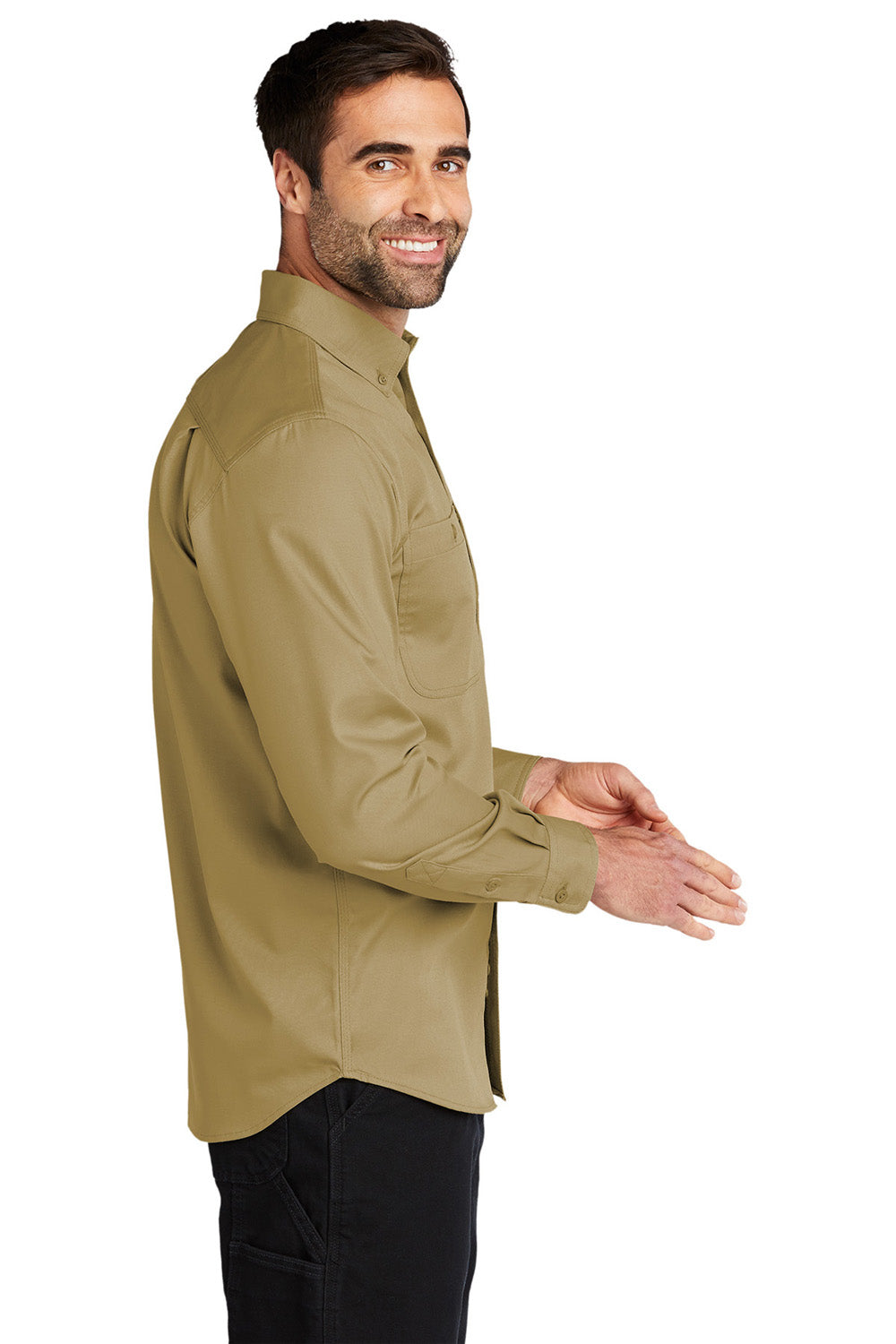 Carhartt CT102538 Mens Rugged Professional Series Wrinkle Resistant Long Sleeve Button Down Shirt w/ Pocket Dark Khaki Brown Model Side