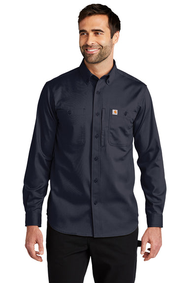 Carhartt CT102538 Mens Rugged Professional Series Wrinkle Resistant Long Sleeve Button Down Shirt w/ Pocket Navy Blue Model Front